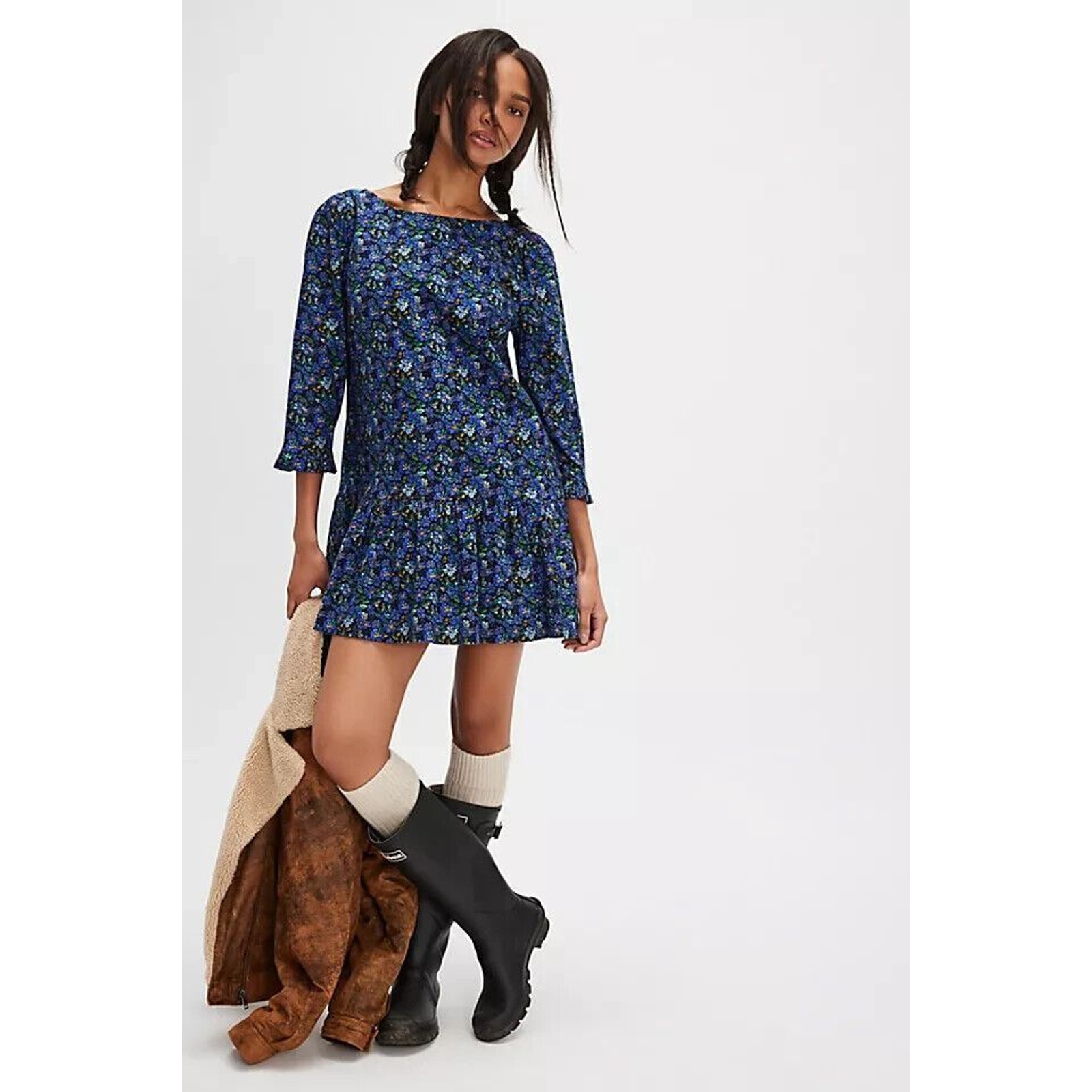 Free People The Avenue Mini Dress Floral Open Back Navy Combo Size Small Nwot